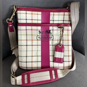 Vintage COACH Heritage Plaid Colorful Logo Leather Crossbody Swingpack Purse Bag